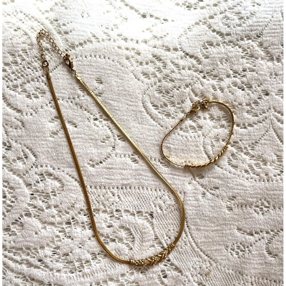 Vintage Gold Tone Braided Chain Necklace Bracelet Set‎ Rhinestone Jewelry